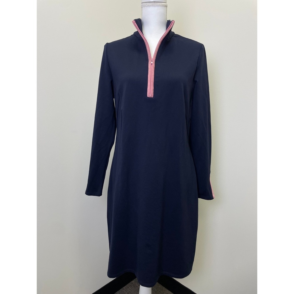 Jude Connally Navy Blue Pink Trim Quarter Zip Long Sleeve Sheath Dress